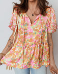 Flower Split V-Neck Short Sleeve Blouse