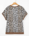 Plus Size Leopard Contrast Trim Short Sleeve Top