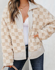 Checker Sherpa Corduroy Patchwork Zip-Up Jacket