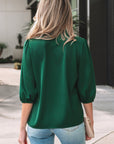 Solid Frilled Bow Tie V-Neck 3/4 Sleeve Blouse