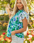 Floral Lace Trim Ruffle Sleeve Pleated Blouse