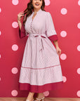 Plus Size Pinstripe Ruffle Hem Midi Dress