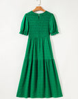 Solid Textured Smocked Puff Short Sleeve Maxi Dress