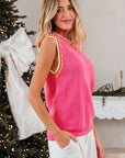 Contrast Trim Pearl Crewneck Sweater Top