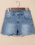 Amelie Pearl Beaded Raw Hem Medium Wash Denim Shorts