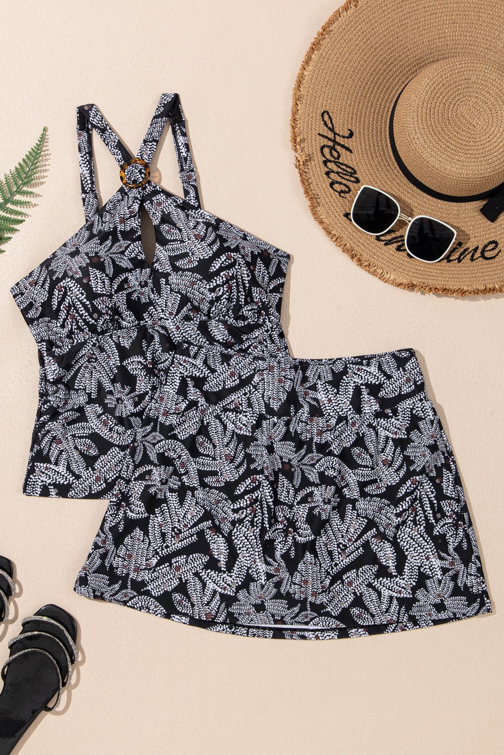 Abstract Buckle Tankini Top &amp; Skirted Swim Set