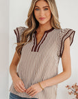 Stripe Double Ruffle Short Sleeve V-Neck Blouse