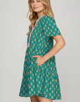 Floral Contrast Trim V-Neck Short Sleeve Dress