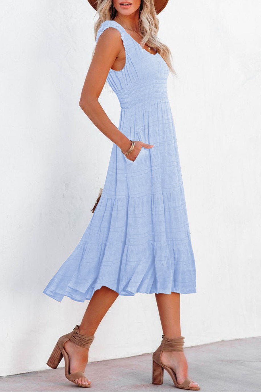 Shirred Pleated Square Neck Sleeveless Midi Dress