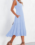 Shirred Pleated Square Neck Sleeveless Midi Dress