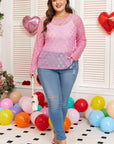 Pink Plus Size Bow Embroidered Mesh Long Sleeve Top