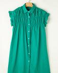 Solid Shirred Ruffle Sleeve Buttoned Mini Dress