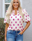 Polka Dot Shirred Notched Neck Balloon Sleeve Blouse