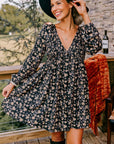 Floral Smocked V-Neck Bubble Sleeve Babydoll Dress
