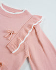 Bow Tie Ruffle Long Sleeve Ribbed Trim Sweater