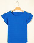 Solid Textured Ruffled Sleeve Round Neck Top