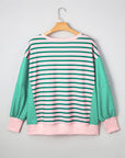 Green Stripe Color Block Exposed Seam Side Slit Plus Size Sweatshirt