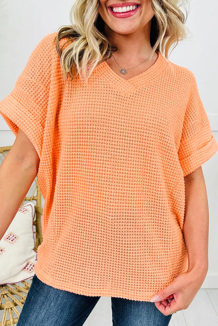 Solid Waffle Knit V-Neck Short Sleeve Top