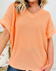 Solid Waffle Knit V-Neck Short Sleeve Top