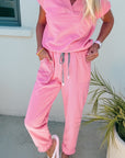 Solid V-Neck Tee and Drawstring Pants Set