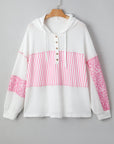 Plus Size Stripe Leopard Patchwork Waffle Knit Buttoned Hoodie