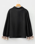 Black Contrast Leopard Print Patchwork Polo Collar Buttons Front Ruffled Long Sleeve Blouse