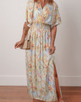Geometric 3/4 Sleeve Shirred Maxi Dress