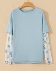 Floral Mesh Patchwork Waffle Fake Two-Piece Top