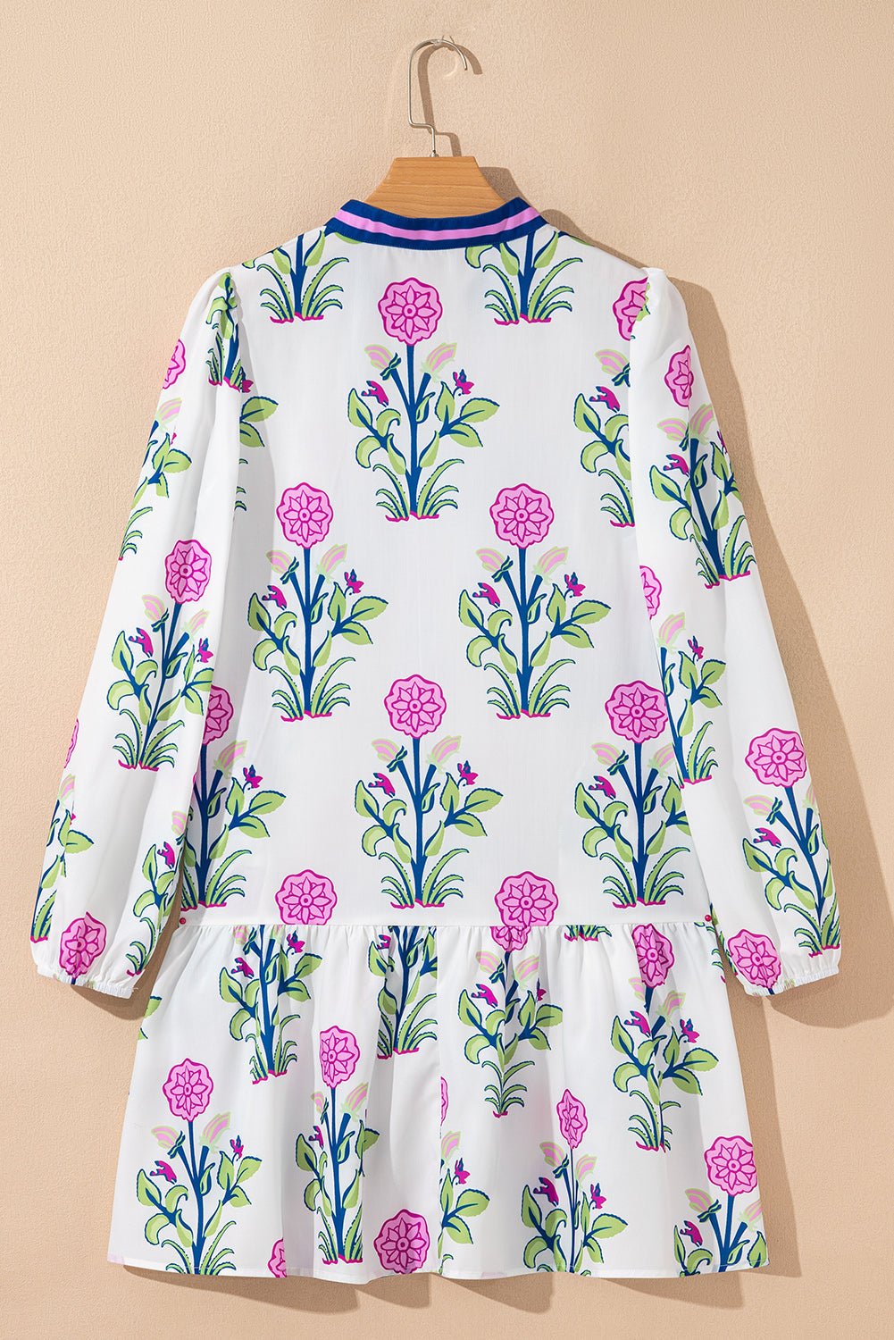 Floral Contrast Stripe Trim Notch Neck Dress