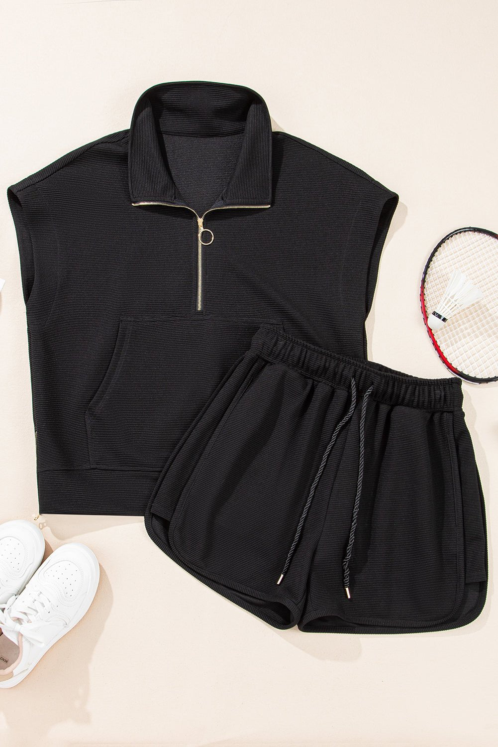 Textured Half-Zip Top &amp; Drawstring Shorts Set