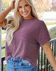 Solid Corded Knit Mock Neck T-Shirt