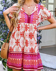 Boho Floral Lace-Up V-Neck Mini Dress
