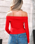 Solid Fold-Over Off-Shoulder Long Sleeve Top