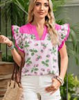 Stripe Strawberry Patchwork Flutter Sleeve V-Neck Blouse