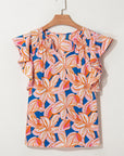 Flower Notch Neck Ruffle Sleeve Blouse