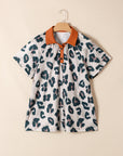 Leopard Buttoned Contrast Collar Short Sleeve Blouse