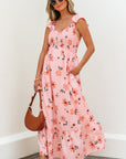 Floral V-Neck Smocked Ruffle Hem Maxi Dress