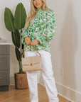 Abstract Floral Flounce Sleeve Mock Neck Blouse