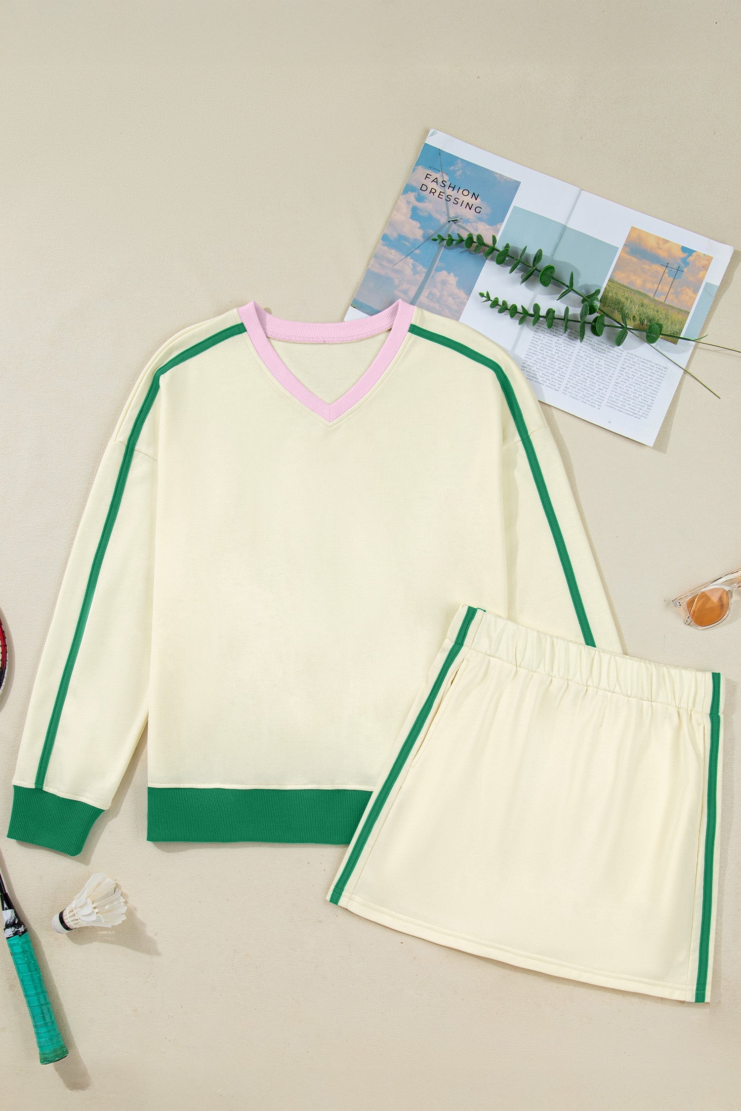 Colorblock Ribbed V-Neck &amp; Skort Athleisure Set