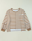 Khaki Striped Checkered Mixed Print Chest Pocket Casual Plus Size Top