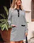 Stripe Collared Pocketed Long Sleeve T-Shirt Dress