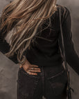 Solid Ribbed V-Neck Buttoned Long Sleeve Top