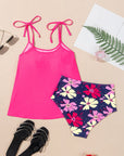 Solid Tie Strap Top & Floral Bottom Tankini Set