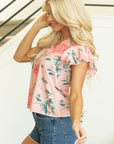 Floral Frilled V-Neck Pleated Sleeve Blouse