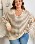 Plus Size Stripe V-Neck Drop Shoulder Sweater