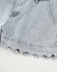Scalloped Acid Wash High Waist Denim Shorts