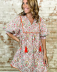 Floral Tassel Tie V-Neck Scalloped Trim Mini Dress
