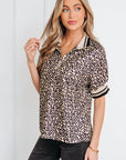 Leopard Half Zip Stripe Trim Short Sleeve Top