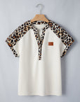 Leopard Patchwork Half Buttoned Short Sleeve Top
