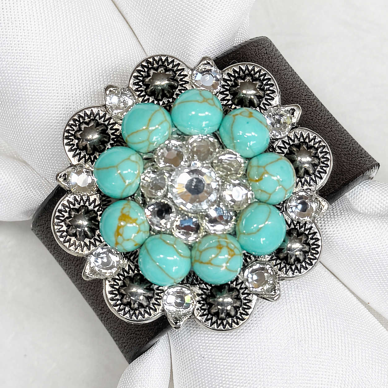 Antique Silver Turquoise/Clear Crystal Concho Napkin Ring 